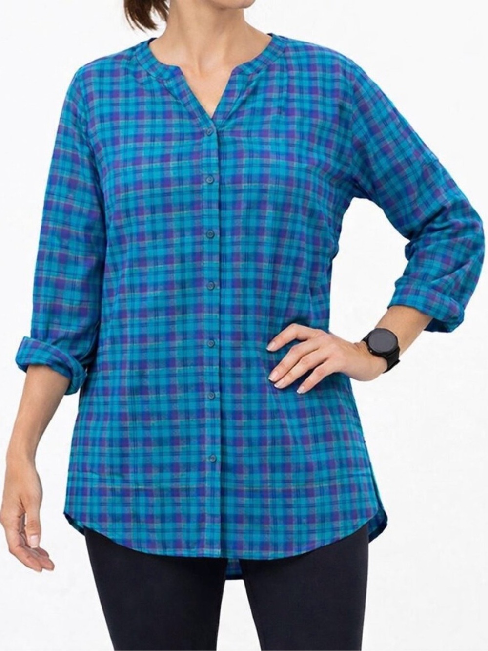 Duluth Trading Co Printed Sidewinder Tunic Blue Plaid S